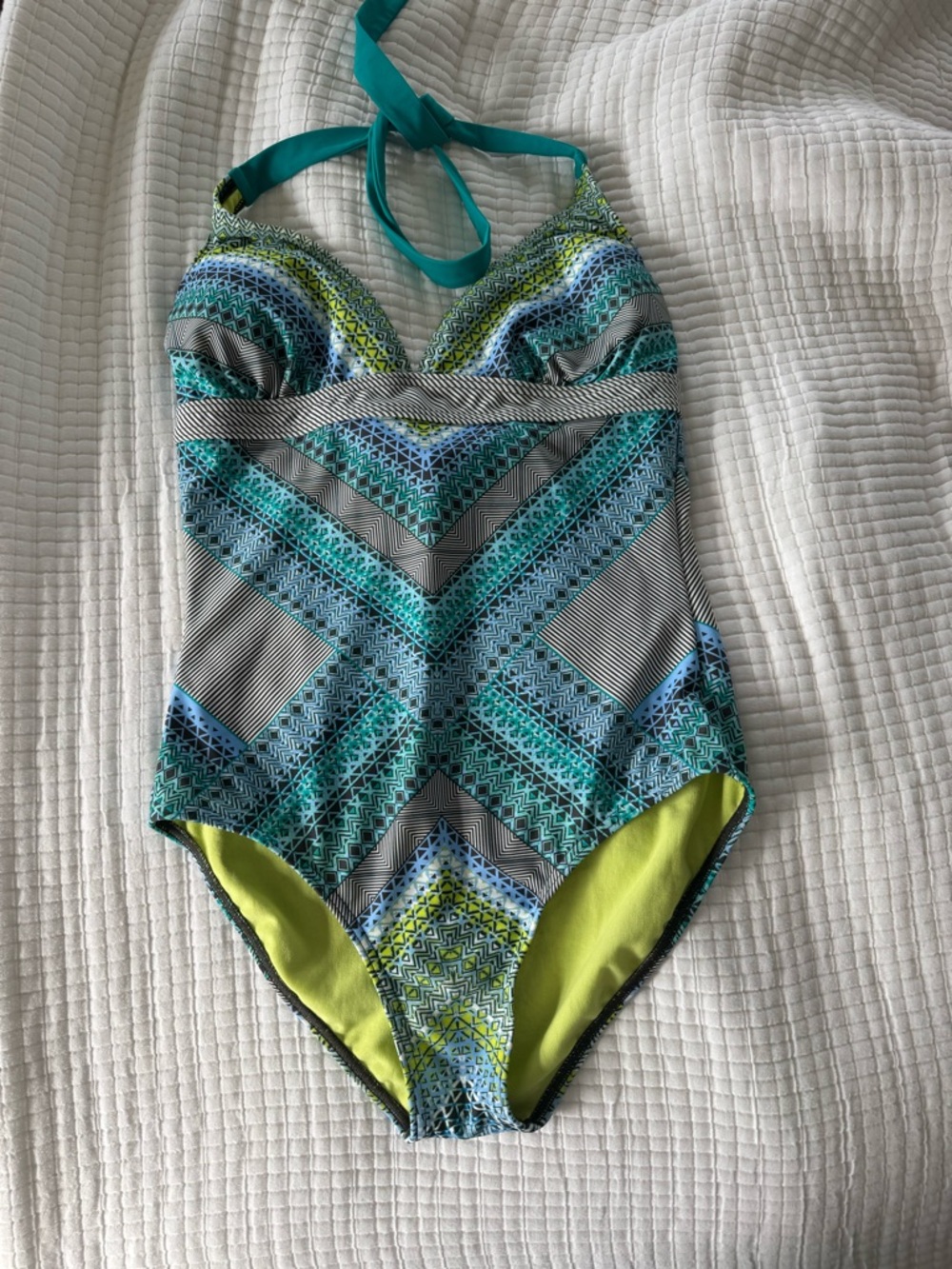 PRANA Women’s One Piece Halter Medium Padded Swim Bathing Suit Green Blue